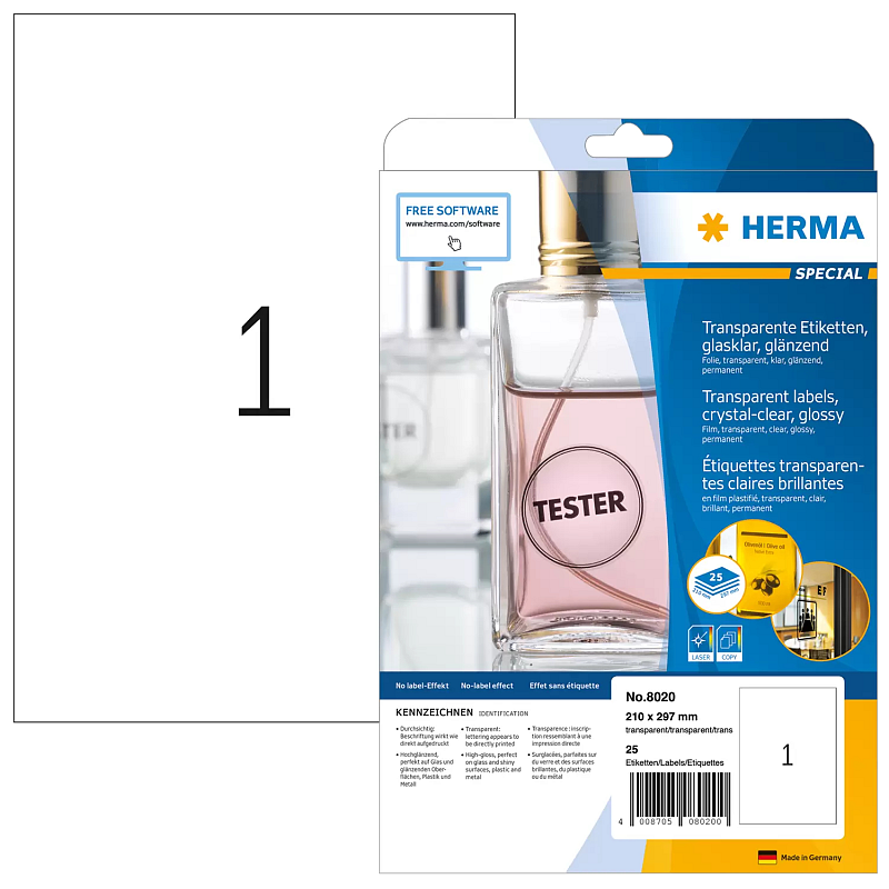 HERMA Etiketten transparent glasklar A4 210x297 mm transparent klar Folie glänzend 25 St.
