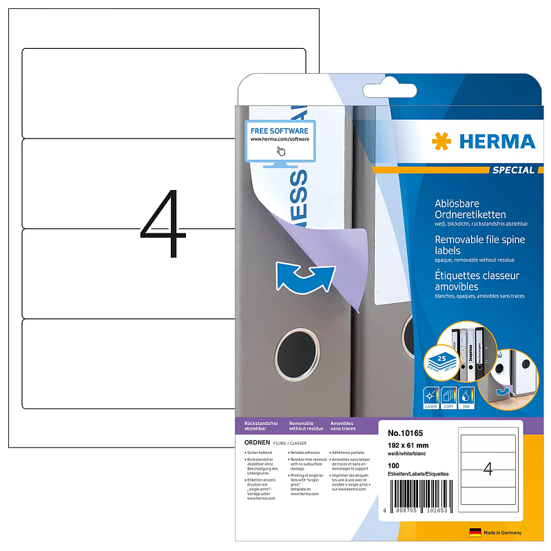 HERMA Ablösbare Ordneretiketten A4 192x61 mm weiß Movables/ablösbar Papier matt blickdicht 100 St.