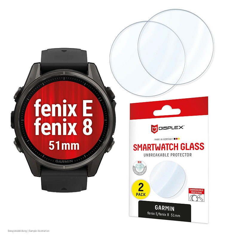 Displex 9H Schutzfolie Garmin fenix E/fenix 8 (51mm), 2 Stück, ultradünn, randlos, Made in Germany
