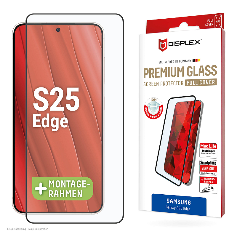 Displex Premium Panzerglas (Full Cover, 10H) für Samsung Galaxy S25 Edge, Eco-Montagerahmen, Full Cover