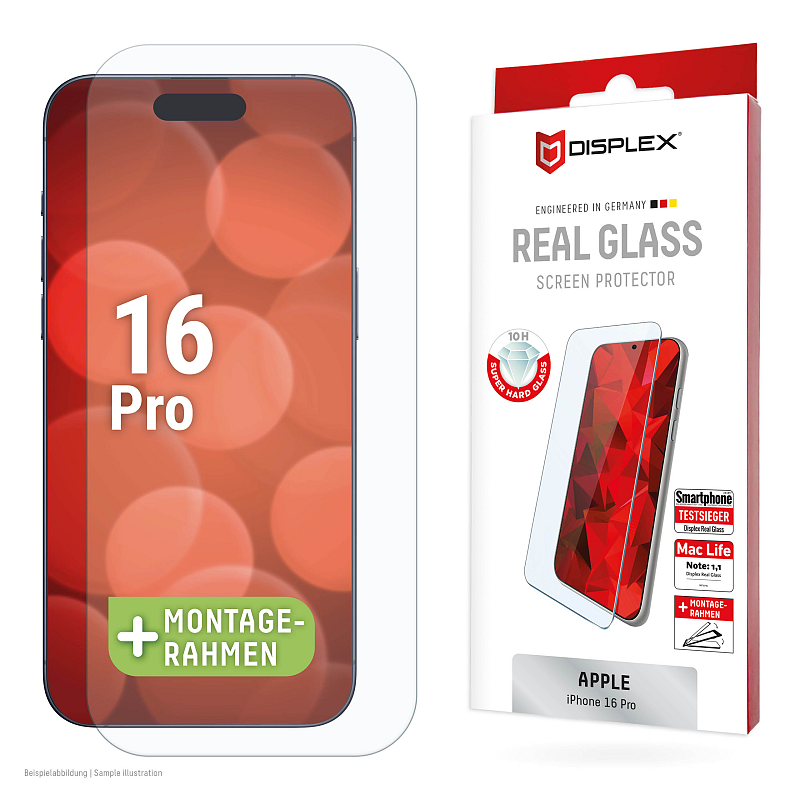 Displex Panzerglas (10H, 2D) für Apple iPhone 16 Pro, Eco-Montagerahmen, kratzer-resistent