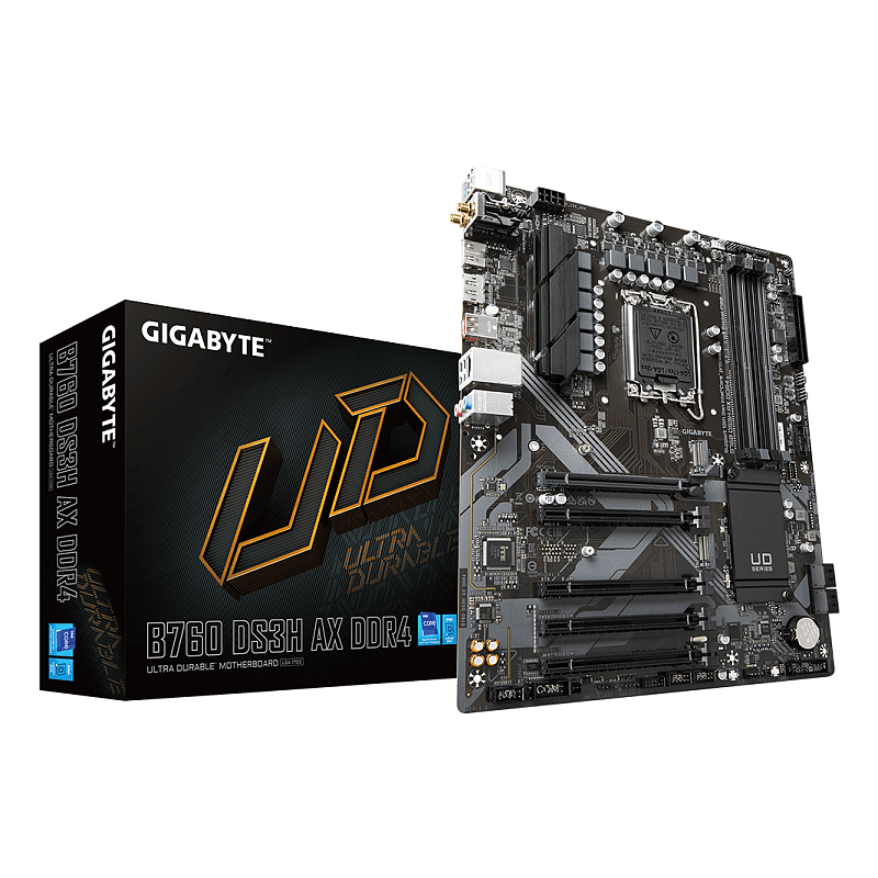GIGABYTE B760 DS3H AX DDR4 Mainboard - Unterstützt Intel Core Prozessoren der 14. Generation, 8+2+1 Phasen digitales VRM, bis zu 5333MHz DDR4 (OC), 2x PCIe 4.0 M.2, Wi-Fi 6E, GbE LAN, USB 3.2 Gen 2