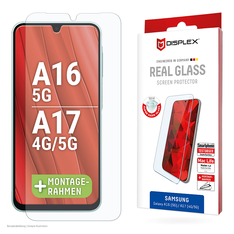 Displex Panzerglas (10H, 2D) für Samsung Galaxy A17 (4G/5G)/A16, Eco-Montagerahmen, kratzer-resistent
