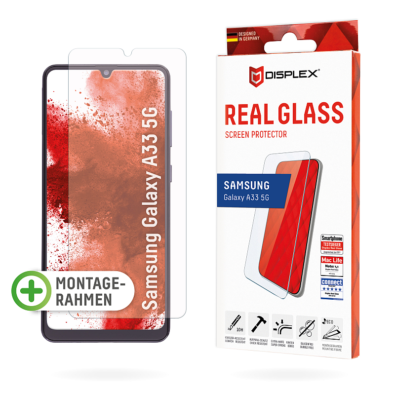 Displex Panzerglas (10H) für Samsung Galaxy A33 5G, Eco-Montagerahmen, Tempered Glas, kratzer-resistente Schutzfolie, hüllenfreundlich
