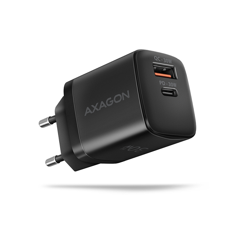 Axagon ACU-PQ30 Ladegerät QC3.0, 4.0/AFC/FCP/PPS/Apple+ PD USB-C, 30W - schwarz - Kompaktes Ladegerät - 1x USB-C und 1x USB-A Handy, Smartphone, Smartwatch, Tablets, Universal AC Schnellladung Drinnen