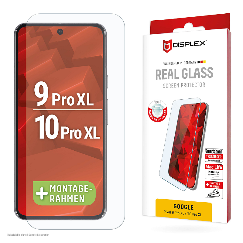 Displex Panzerglas (10H, 2D) für Google Pixel 9 Pro XL, Pixel 10 Pro XL, Eco-Montagerahmen, kratzer-resistent