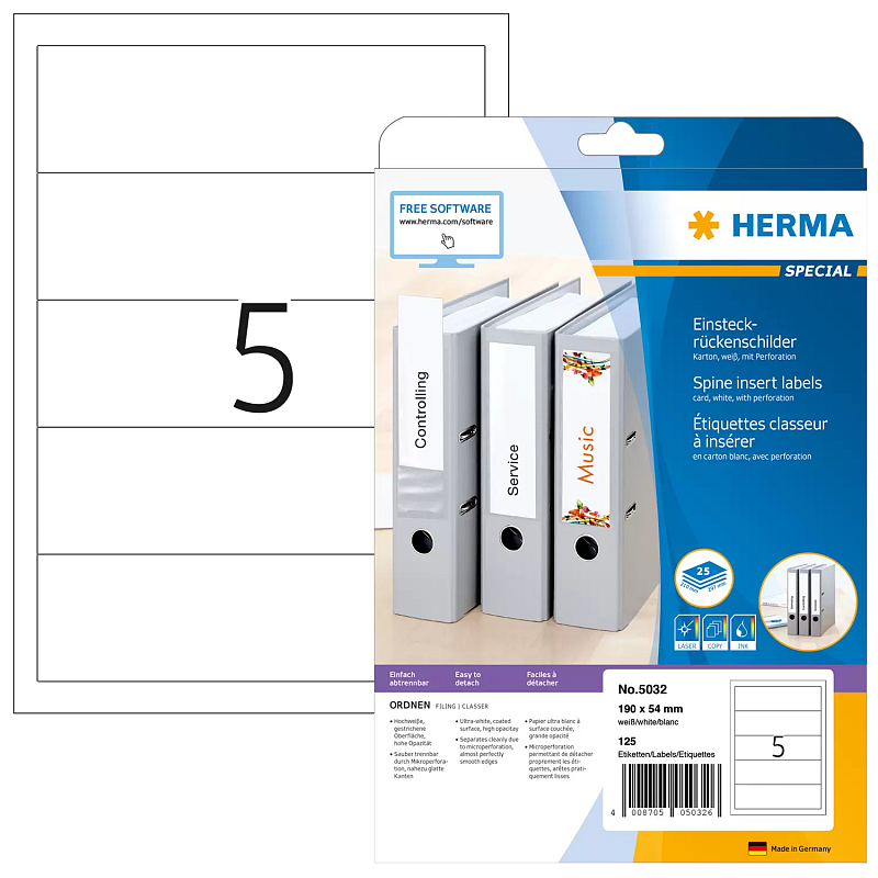 HERMA Einsteckrückenschilder A4 190x54 mm weiß Karton perforiert nicht klebend 125 St.