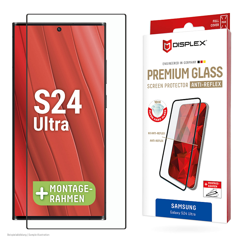 Displex Premium Anti-Reflex Panzerglas (super-entspiegelt, FC, 10H) für Samsung Galaxy S24 Ultra, Eco-Montagerahmen, Full Cover