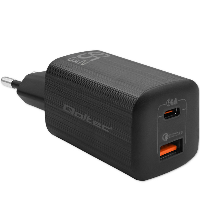 Qoltec 50766 Ladegerät für Mobilgeräte Laptop, Tragbare Spielekonsole, Powerbank, Smartphone, Smartwatch, Tablets Schwarz AC Schnellladung Drinnen