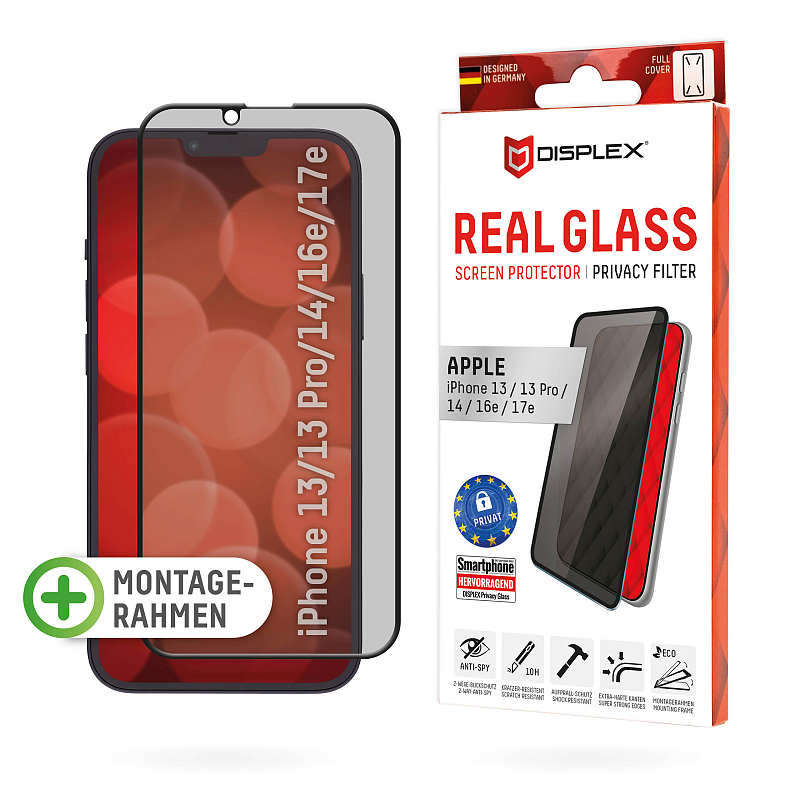 Displex Privacy Panzerglas (10H) für Apple iPhone 13/13 Pro/14/16e/17e, Eco-Montagerahmen, Privacy Filter