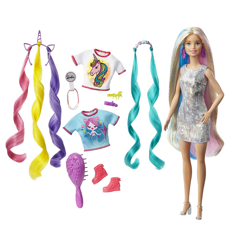 Barbie Totally Hair Fantasie-Haar Puppe (blond), Meerjungfrau- und Einhorn-Look, Anziehpuppe