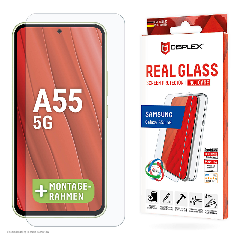 Displex Panzerglas + Schutzhülle für Samsung Galaxy A55 5G, Eco-Montagerahmen, kratzer-resistent