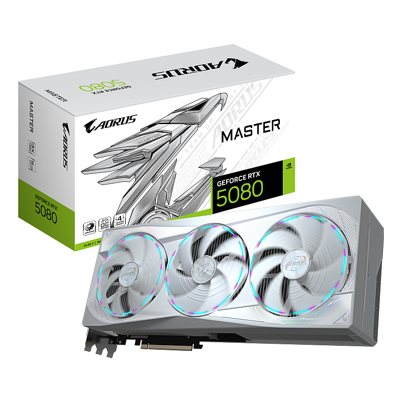 GIGABYTE AORUS GeForce RTX 5080 MASTER ICE 16G Grafikkarte - 16GB GDDR7, 256 Bit, PCI-E 5.0, 2805MHz Core Clock, 3 x DP 2.1a, 1 x HDMI 2.1b, NVIDIA DLSS 4, GV-N5080AORUSM ICE-16GD
