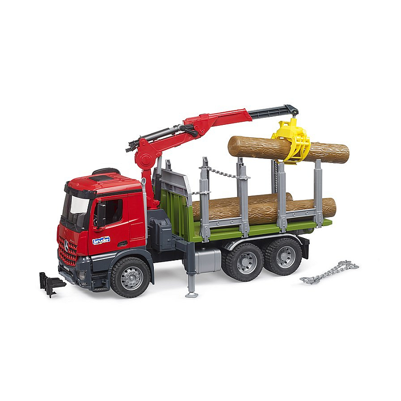 BRUDER MB Arocs Holztransport LKW mit Ladekran, Greifer und 3 Baumstämmen