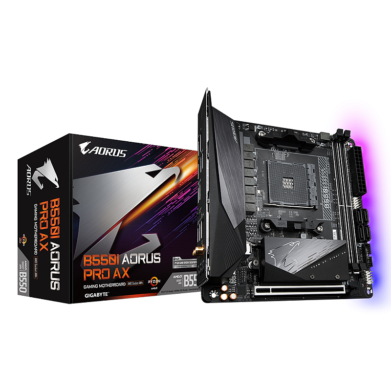 GIGABYTE B550I AORUS PRO AX Mainboard – AMD Ryzen 5000 CPUs, 8 Phasen VRM, bis zu 5300 MHz DDR4, 1xPCIe 4.0 + 1xPCIe 3.0 M.2, Wi-Fi 6E, 2.5GbE LAN, USB 3.2 Gen 2