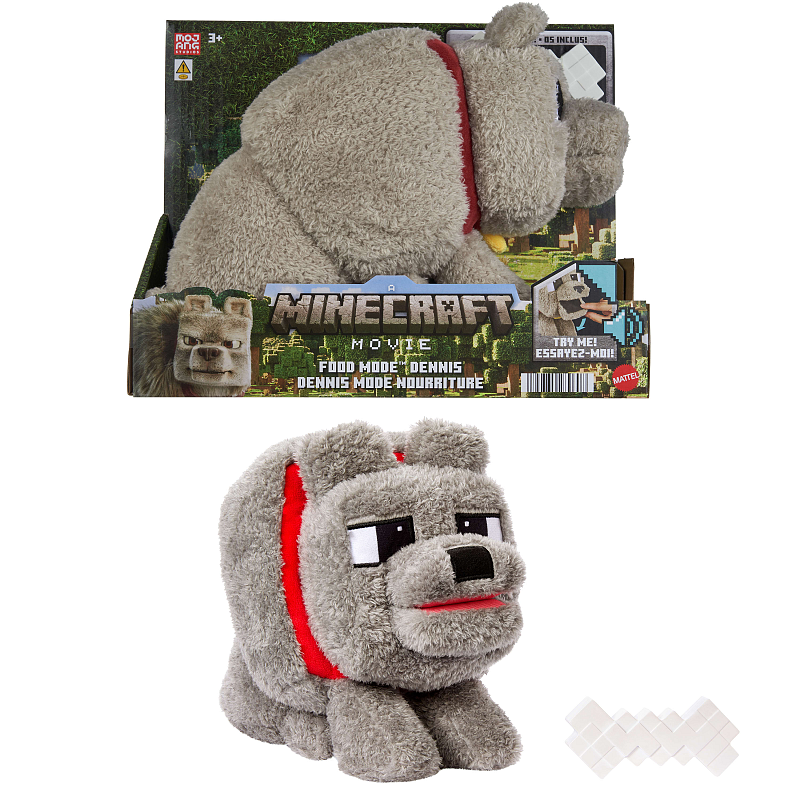 Minecraft interaktives Plüschspielzeug Dennis der Wolf mit Fütter-Modus, Geräuschen und Knochen-Zubehörteil, vom Film inspiriert