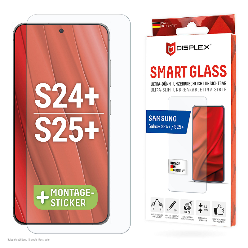 Displex Smart Glass (9H) für Samsung Galaxy S24+/S25+, Montagesticker, unzerbrechlich