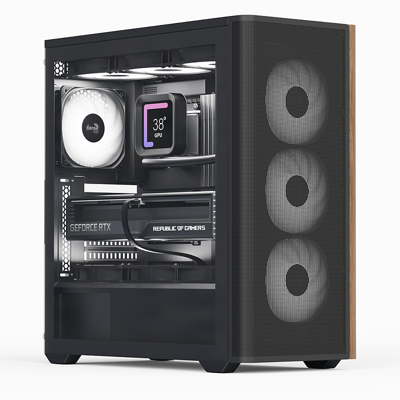 Aerocool D501A Midi Tower Schwarz, Holz
