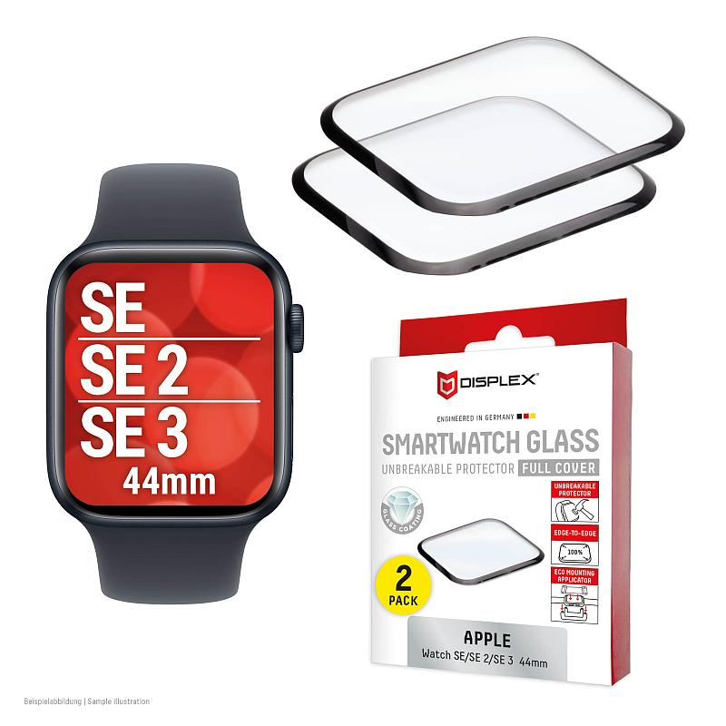 Displex Unzerbrechliches Full Cover Smart Glass Apple Watch SE3/SE2/SE (44mm), 2 Stück, Edge-to-Edge, Anti-Fingerprint
