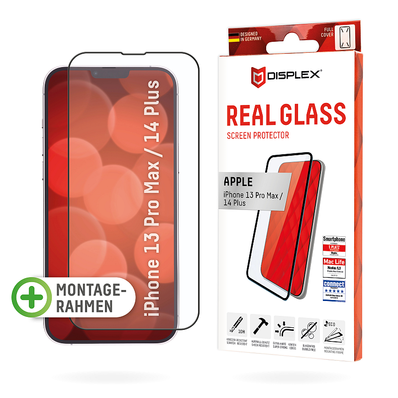 Displex Full Cover Panzerglas (10H) für Apple iPhone 13 Pro Max/14 Plus, Eco-Montagerahmen, volle Displayabdeckung, Tempered Glas, kratzer-resistente Schutzfolie, hüllenfreundlich