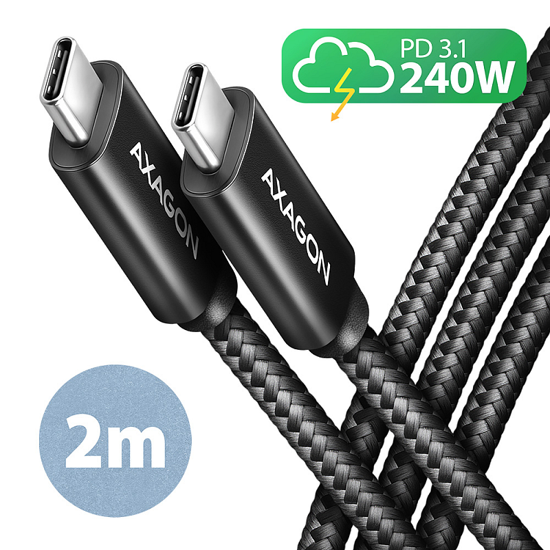 Axagon BUCM2-CM20AB Ladekabel USB-C zu USB-C 2.0, 2 m, PD 240 W 5 A, ALU - Schwarz - 2 Meter langes USB-C zu USB-C Kabel - Daten- und Ladefähig USB Kabel USB 2.0 USB C