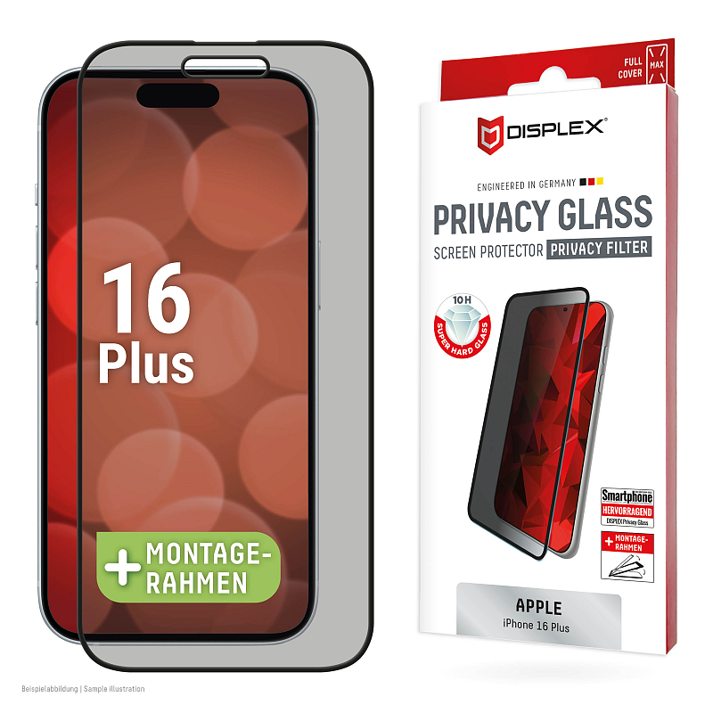 Displex Privacy Panzerglas (10H) für Apple iPhone 16 Plus, Eco-Montagerahmen, Privacy Filter