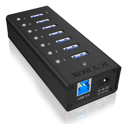 ICY BOX IB-AC618, 7 Port USB 3.2 Gen 1 Hub mit 1x Tablettladeport, Vollmetall, mit 12V 3A Netzteil, schwarz