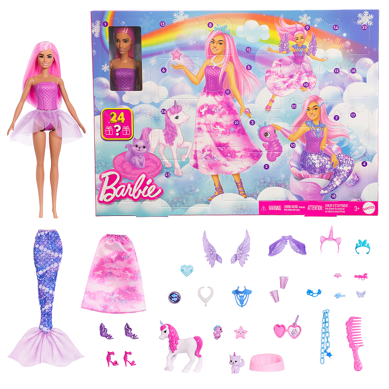 Barbie Barbie-Adventskalender mit Modepuppe und 24 Überraschungs-Accessoires mit Einhorn und Tieren