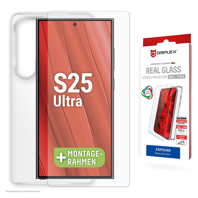 Displex Panzerglas + Schutzhülle für Samsung Galaxy S25 Ultra, Eco-Montagerahmen, kratzer-resistent