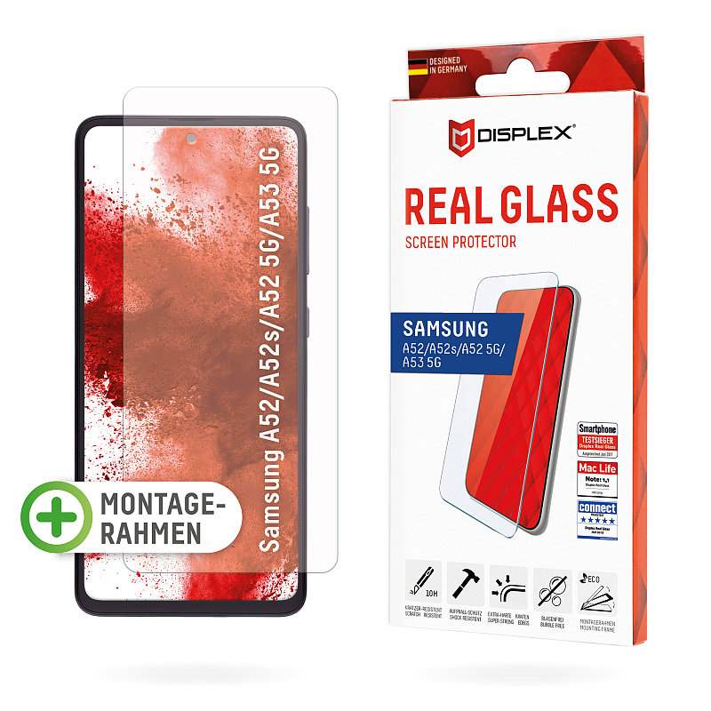 Displex Panzerglas (10H) für Samsung Galaxy A52/A52(s) 5G/A53 5G, Eco-Montagerahmen, Tempered Glas, kratzer-resistente Schutzfolie, hüllenfreundlich