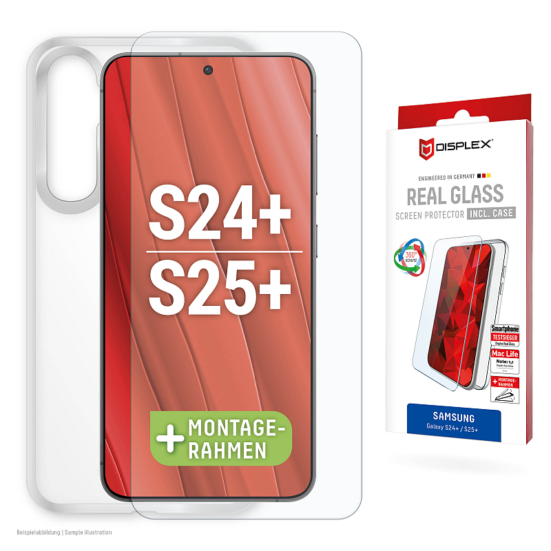 Displex Panzerglas + Schutzhülle für Samsung Galaxy S24+/S25+, Eco-Montagerahmen, kratzer-resistent