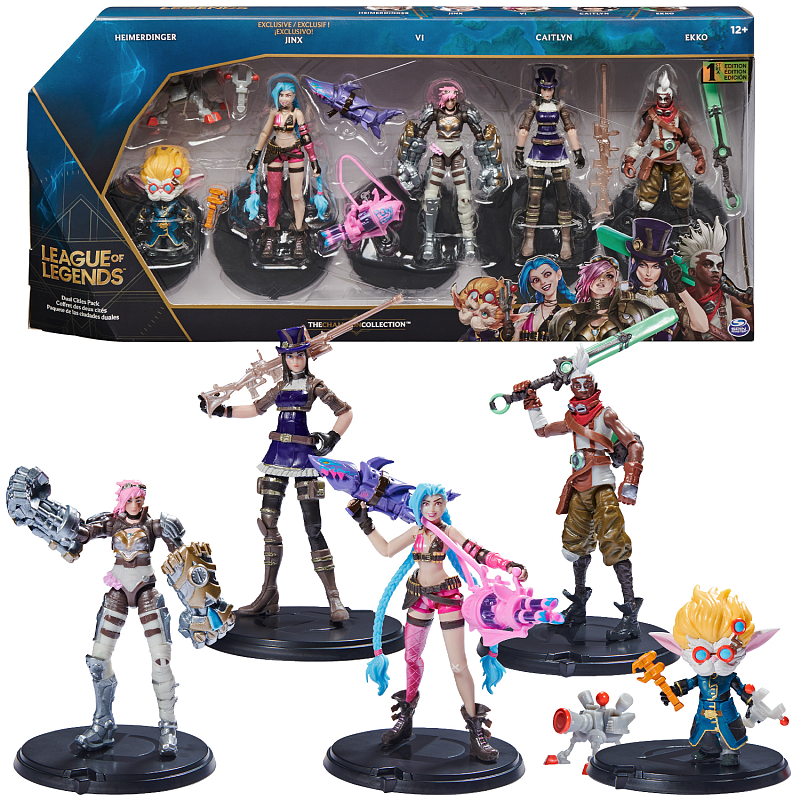 League of Legends - 10cm Actionfiguren 5er Pack (Vi, Caitlyn, Ekko, Heimerdinger und exklusiver Jinx) jeweils mit Accessoires und Ausstellungssockel