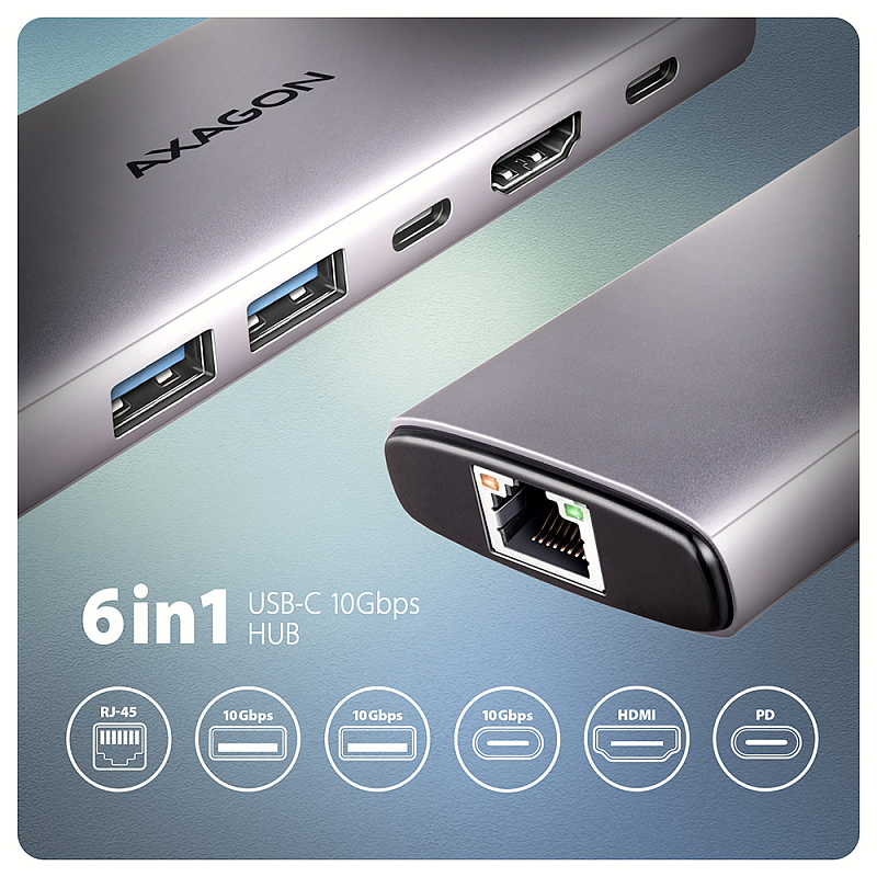 Axagon HMC-6G2L USB 10Gbps hub, 2x USB-A, 1x USB-C, HDMI 4k/60Hz, RJ-45, PD 100W