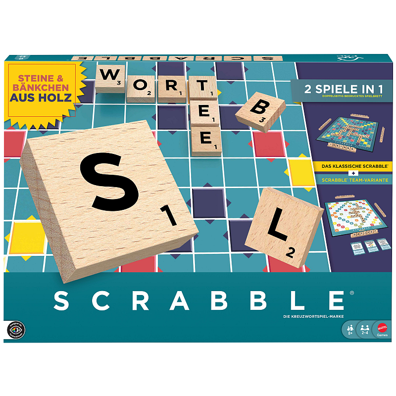 Games Scrabble Brettspiel, Familienwortspiel mit Buchstabensteinen und Buchstabenbänkchen, zwei Spielmöglichkeiten, deutsche Ausgabe