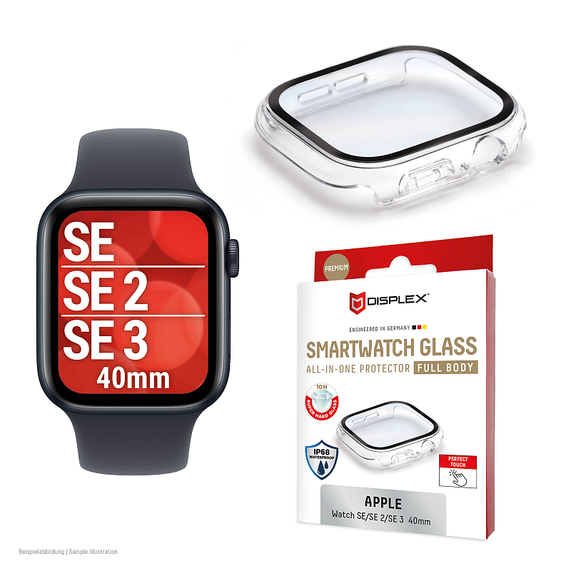 Displex 10H Panzerglas für Apple Watch SE3/SE2/SE (40mm), Full Body Schutz, IP68, Snap-On, transparent