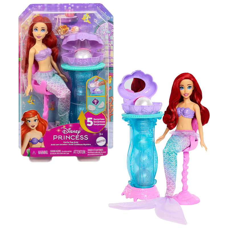 Disney Princess Schminkmuschel Meerjungfrau-Arielle-Modepuppe & Schminktisch mit 5 Pop-up-Überraschungen