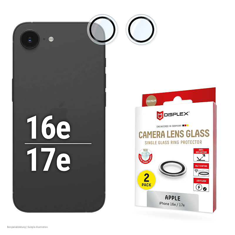 Displex Premium Camera Lens Glass, iPhone 16e/17e, 2 Stück, Einzelringe, Schutzringe, 10H, transparent, Quick Mount