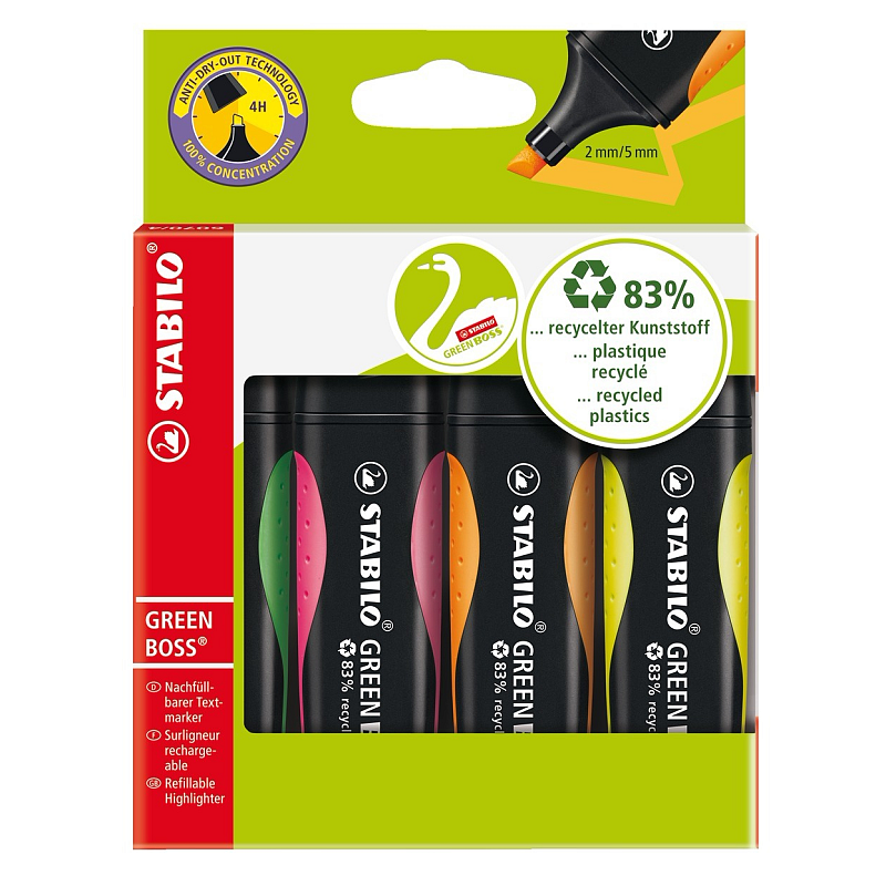STABILO GREEN BOSS Marker 4 Stück(e) Meißel Grün, Orange, Pink, Gelb