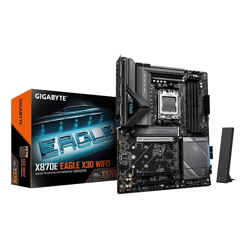 GIGABYTE X870E EAGLE X3D WIFI7 Mainboard – Unterstützt AMD Ryzen 9000 CPUs, digitales 14+2+2-Phasen-VRM, bis zu 9000 Hz DDR5 (OC), 1× PCIe 5.0 + 3× PCIe 4.0, Wi-Fi 7, 5-GbE-LAN, USB 4