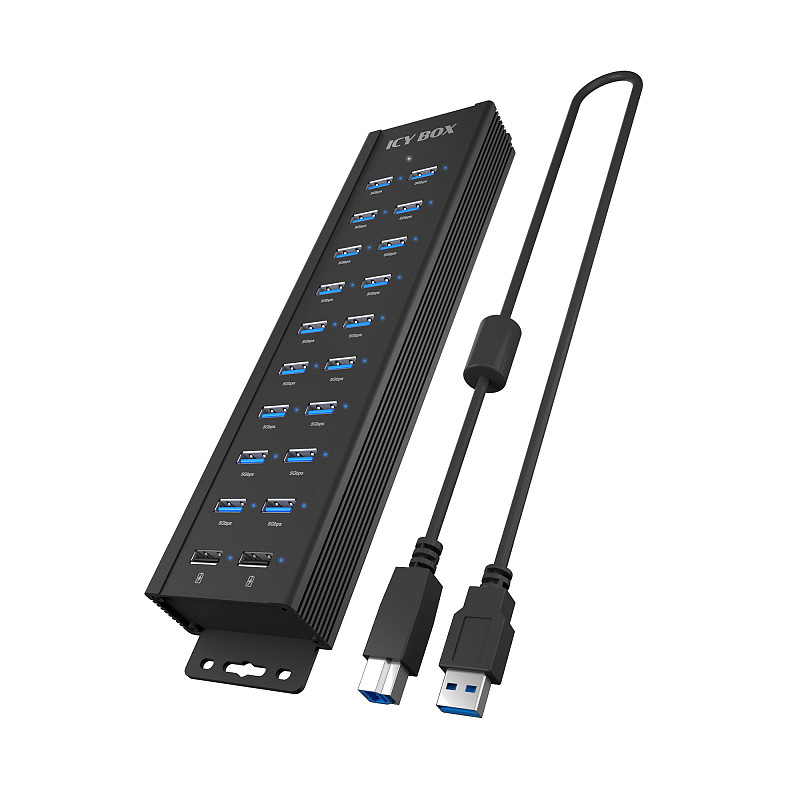 ICY BOX IB-HUB1720-U3, 18+2 Port USB Hub, 18x USB Type-A , 2x USB Ladeport, USB 3.2 Gen 1, 96W Netzteil, Aluminium, schwarz