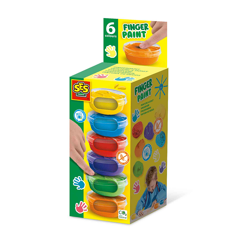 SES Creative 00398 - Fingerfarbe 6 Farben x 45ml, Glutenfrei; Hypoallergen; Streichfähig, Ab 2 Jahren