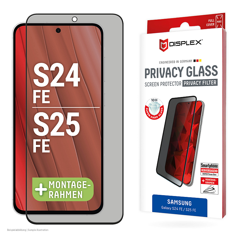 Displex Privacy Panzerglas (10H) für Samsung Galaxy S25 FE/S24 FE, Eco-Montagerahmen, Privacy Filter