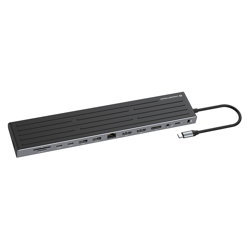 Conceptronic DONN32B 14-in-1 MST-Dockingstation USB 3.2 Gen 1, HDMI x2, DisplayPort, Gigabit-LAN, USB-A 5Gbps x3, USB-C 5Gbps x2, SD-Kartenleser, MicroSD/TF, 3,5-mm-Headset-Anschluss, Sicherheitssteckplatz, 100W USB Power Delivery
