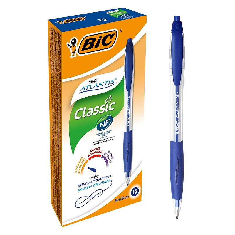 BIC Atlantis Classic Blau Kugelschreiber mit Druckeinzugsmechanik Medium 12 Stück(e)