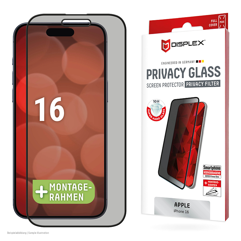 Displex Privacy Panzerglas (10H) für Apple iPhone 16, Eco-Montagerahmen, Privacy Filter