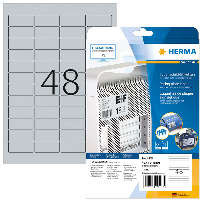 HERMA Typenschildetiketten A4 45.7x21.2 mm silber extrem stark haftend Folie matt 1200 St.