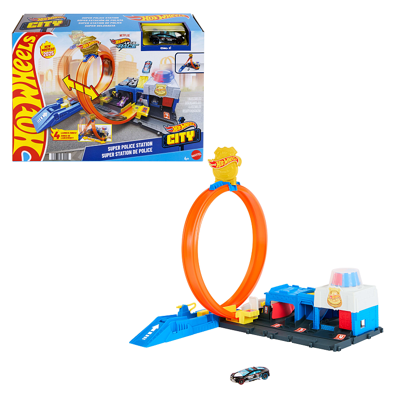 Hot Wheels City Super Polizeiwache-Spielset mit Spielzeug-Polizeiwagen im Maßstab 1:64 und anpassbarer Rennbahn mit Looping.