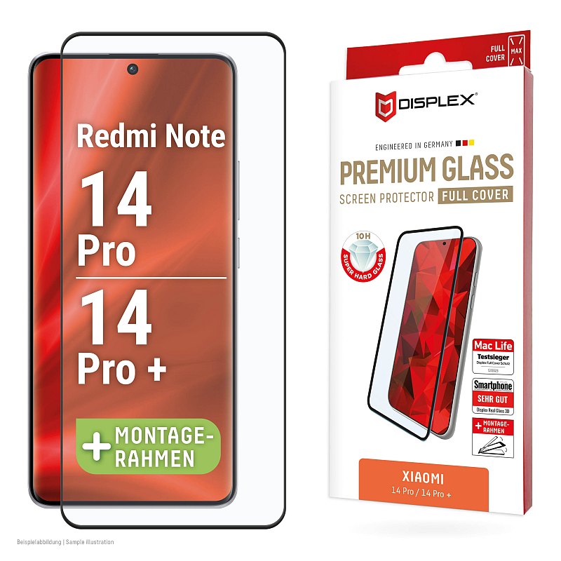 Displex Premium Panzerglas (Full Cover, 10H) für Xiaomi Redmi Note 13 Pro+/Note 14 Pro(+), Eco-Montagerahmen, Full Cover