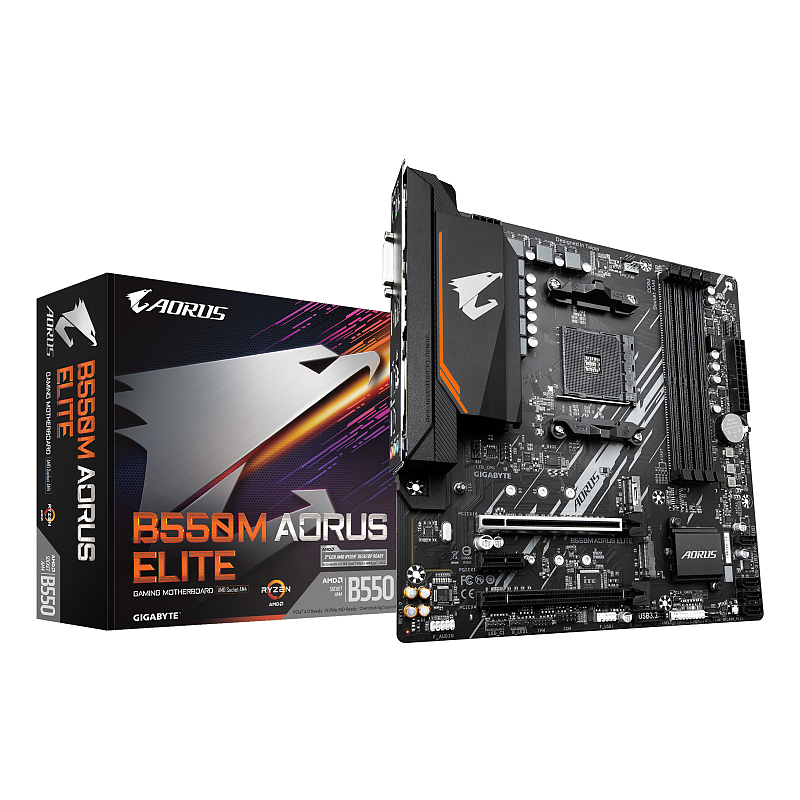 GIGABYTE B550M AORUS ELITE Mainboard – AMD Ryzen 5000 CPUs, 5+3 Phasen VRM, bis zu 4733 MHz DDR4, 1xPCIe 4.0 + 1xPCIe 3.0 M.2, 1GbE LAN, USB 3.2 Gen 1