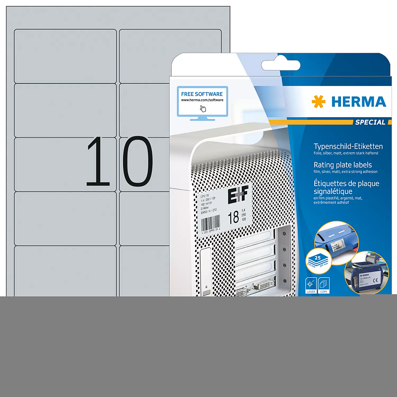 HERMA Typenschildetiketten A4 96x50.8 mm silber extrem stark haftend Folie matt 250 St.